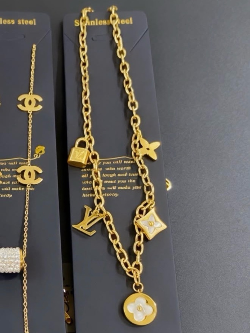 Gold Charm Link Necklace with Designer-Inspired Motifs - Women Jewelry